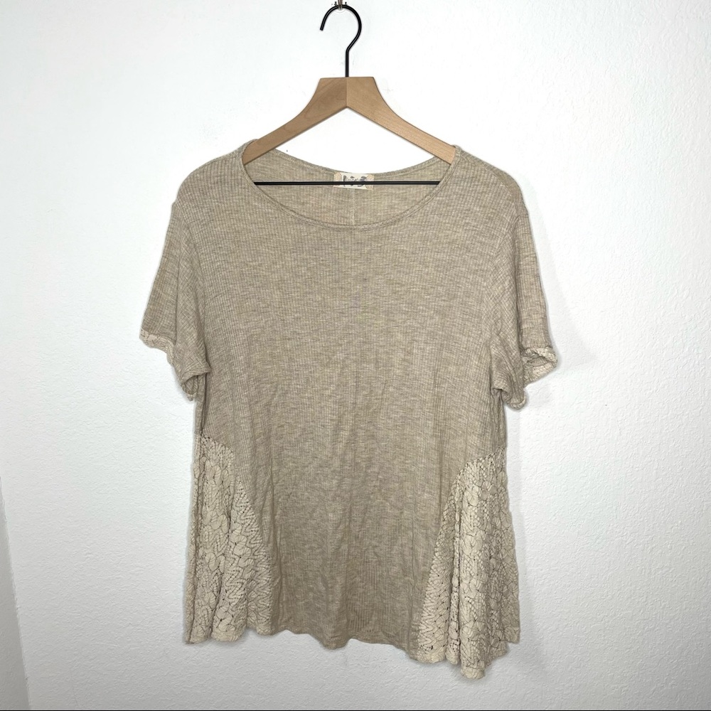 Altar’d State Boho Slouchy Beige Ribbed Knit Lace Top Size Large